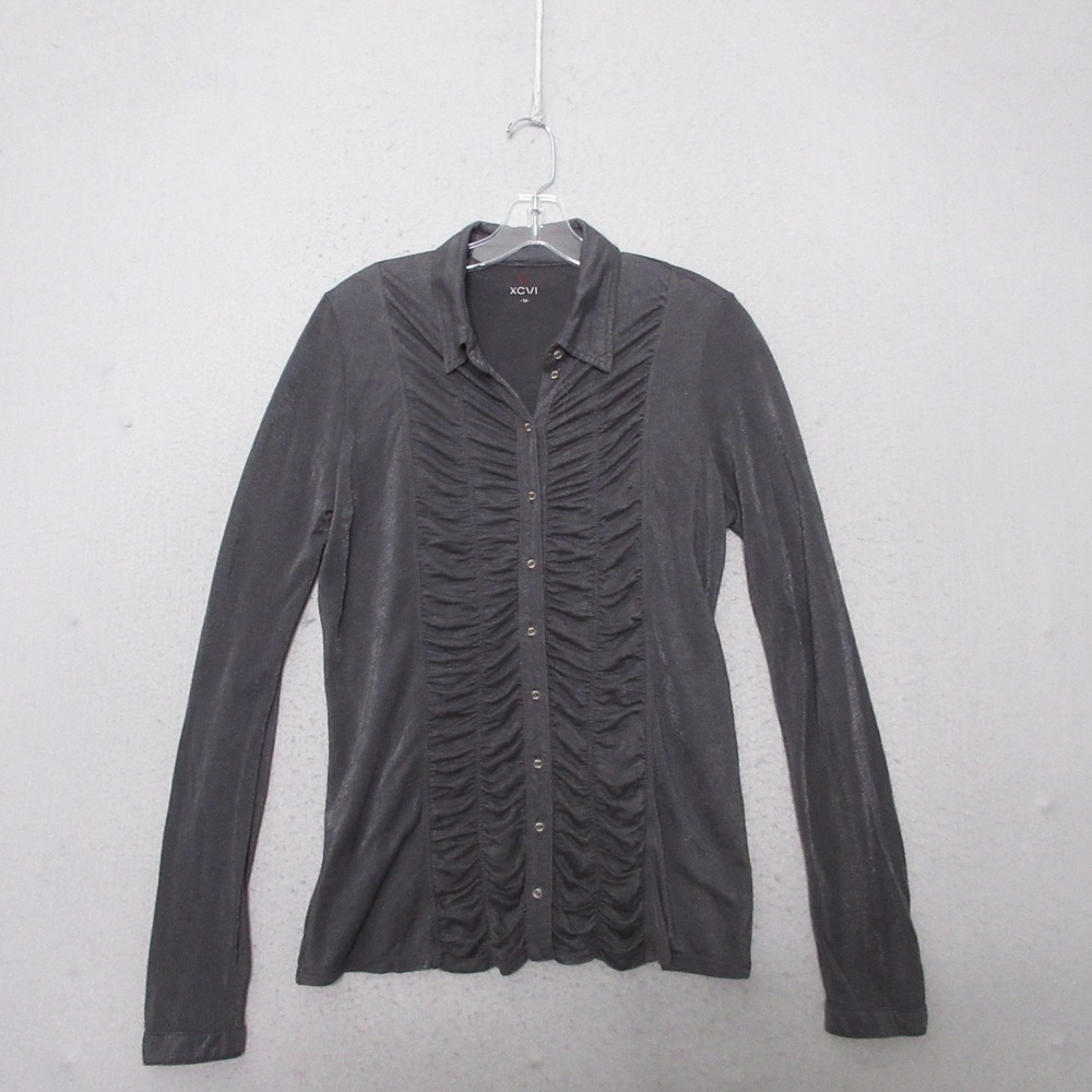 XCVI Top M Gray‎ Ruched Button Up Semi Sheer Grunge Stretch Art to Wear Layer